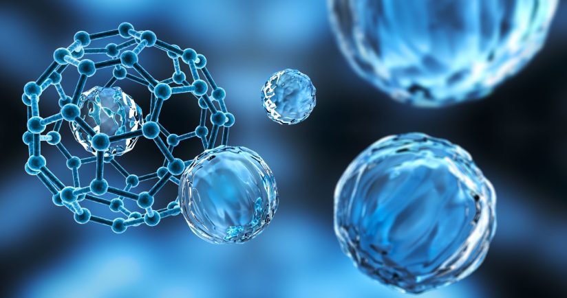 Blau leuchtende Nanostrukturen mit molekularen Details im Fokus. Wissenschaftlich und futuristisch.