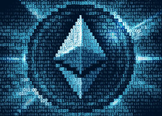 Binärcode bildet ein Ethereum-Symbol auf blauem Hintergrund.