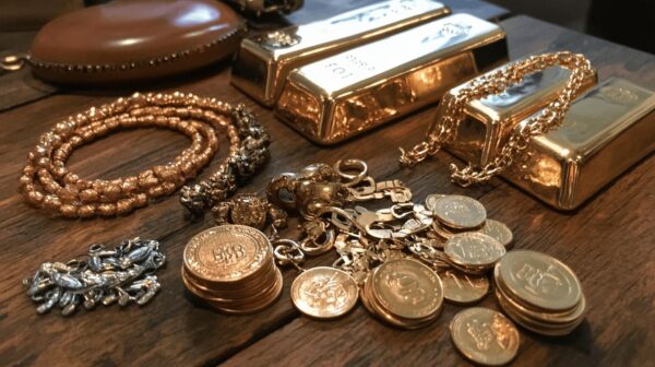 Goldbarren, Münzen und Schmuck auf einem Holztisch arrangiert.